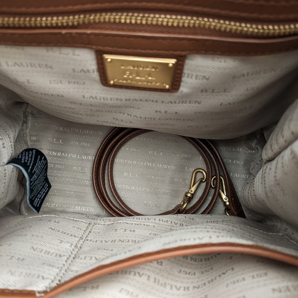 Lauren Ralph Lauren Woven Leather Bucket Bag Field Brown Diana Portwood Tote - Picture 9 of 16